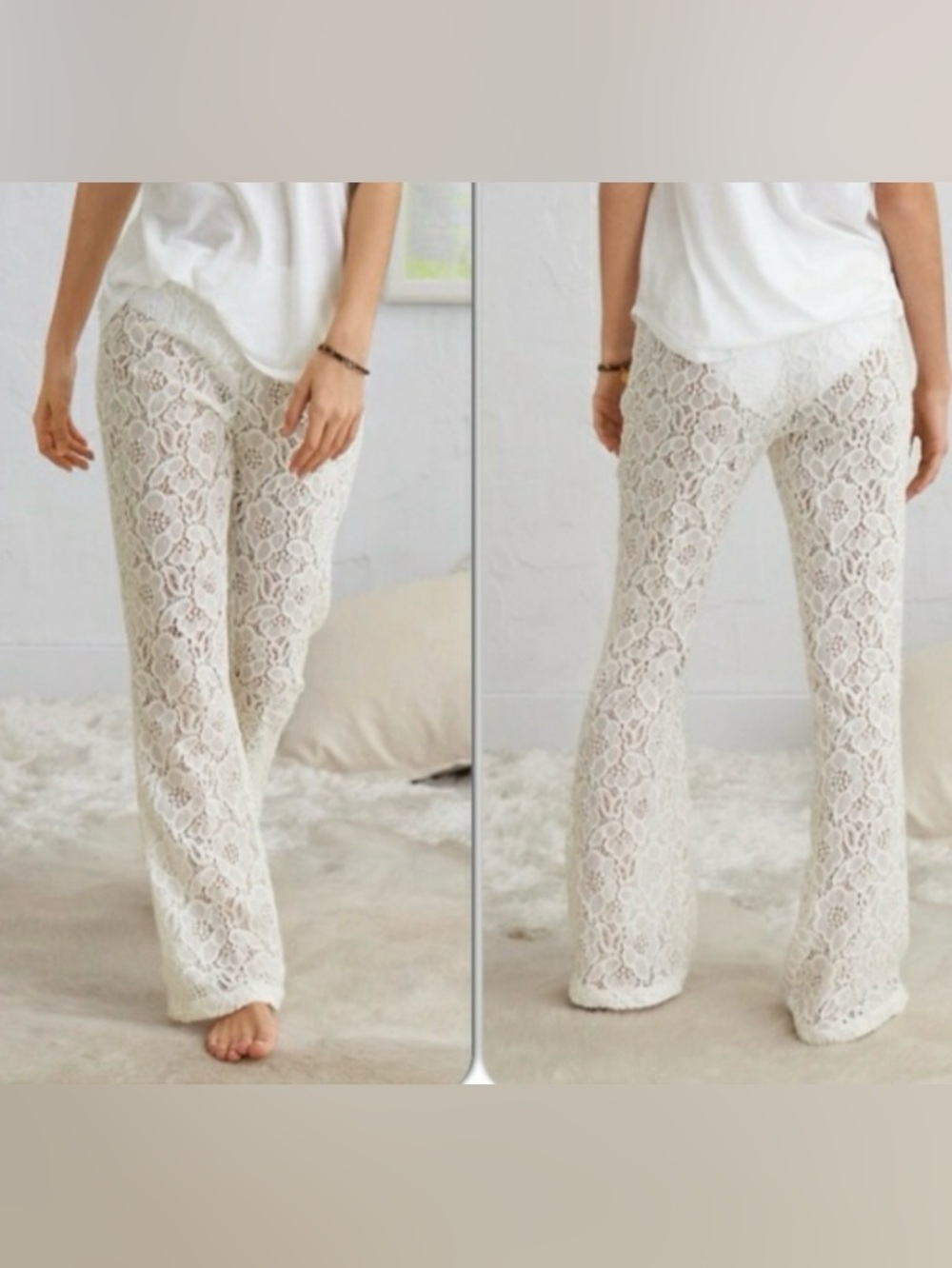 aerie Cream Lace Wide-Leg Trousers